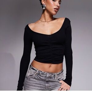 American Eagle Outfitters Black Gathered Long Sleeve Tee